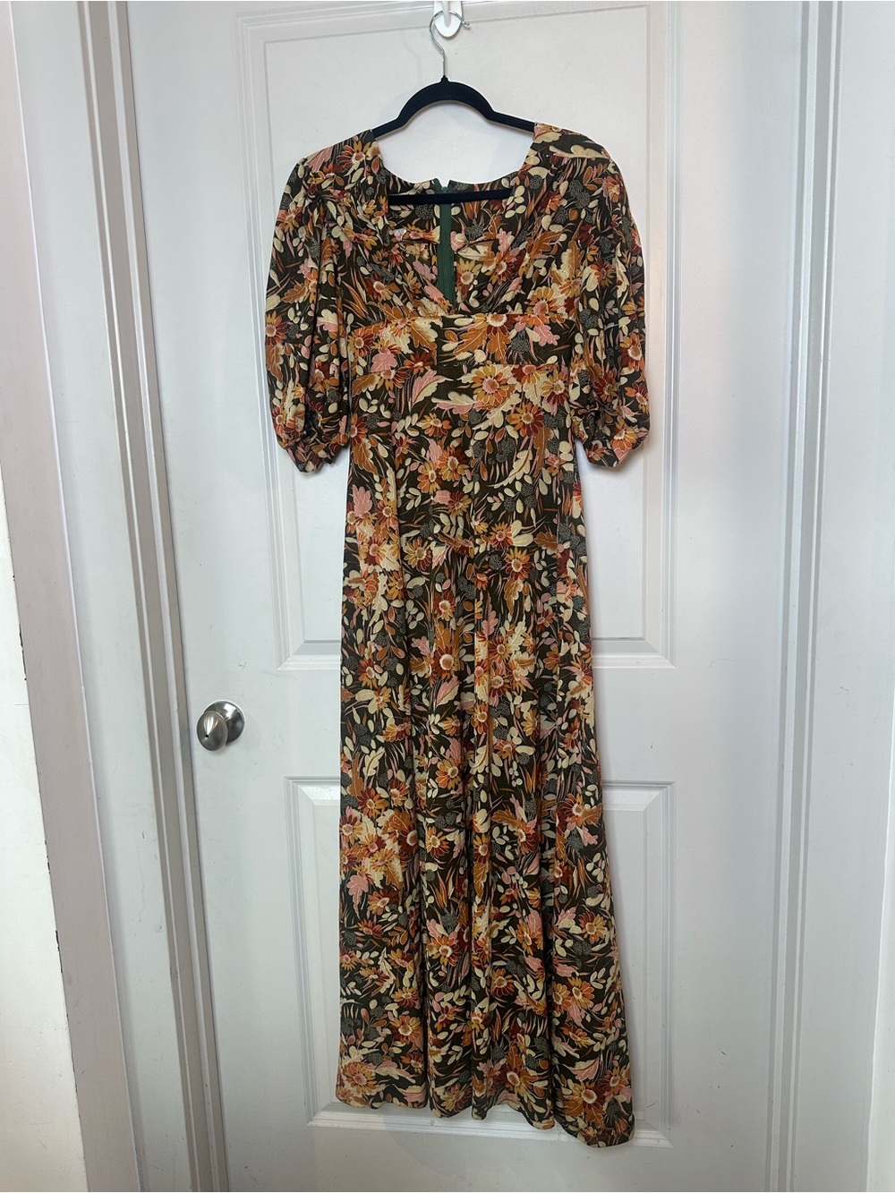 American Vintage Autumn Leaves Puff Sleeves Babydoll Maxi Dress, Small